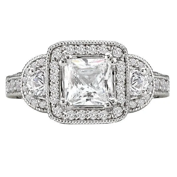 14KT 2.00 CTW DIAMOND 3 STONE SQUARE HALO RING