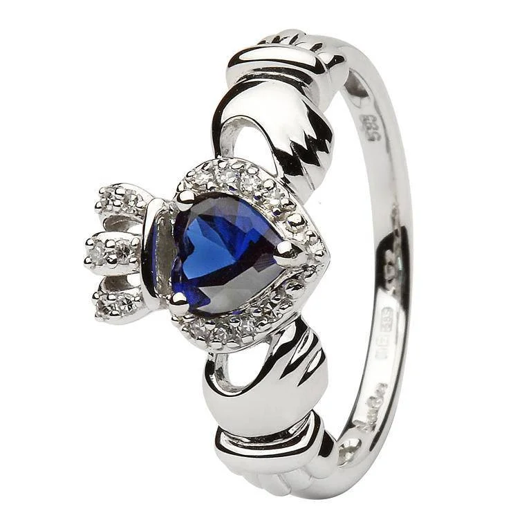 Ladies 14K White Gold Claddagh Ring with Sapphire and Diamonds - SL-14L82SW