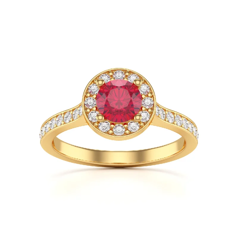 Amethyst Gemstone Rings in a Vintage - Style SettingRound Shape Ruby Diamond Halo Ring with Diamond Set Shoulders