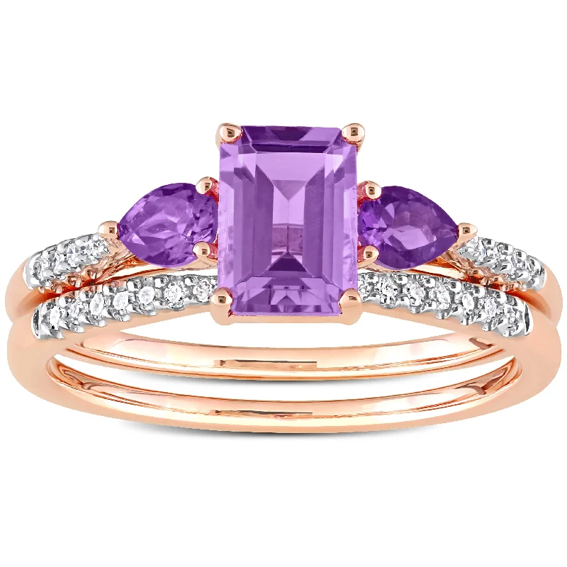 Halo - Style Diamond Rings with Smaller Accent DiamondsMiadora 10k Rose Gold Rose de France African Amethyst & 1/10ct TDW Diamond 3-Stone Bridal Ring Set