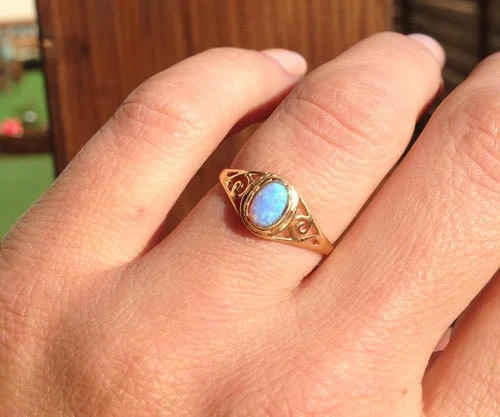 Sapphire Gemstone Rings in a Cathedral SettingBlue Opal Ring - October Birthstone - Delicate Lace Ring with Oval Blue Opal Gemstone