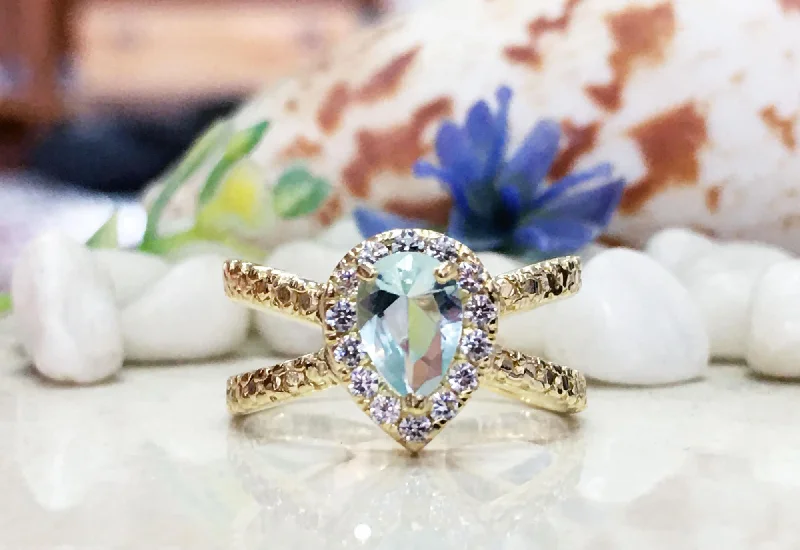 Ruby Gemstone Rings with Diamond AccentsAquamarine Ring - March Birthstone - Statement Ring with Pear-Shaped Aquamarine Gemstone and Clear Quartz Halo