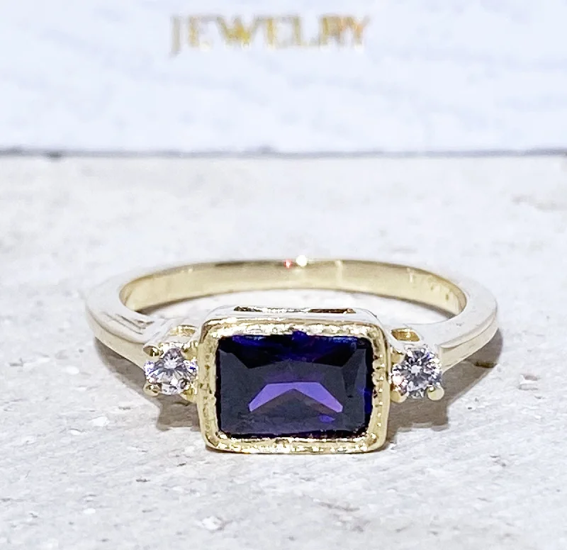 Ruby Gemstone Rings with Diamond AccentsPurple Amethyst Ring - February Birthstone - Simple Ring with Octagon Purple Amethyst Gemstone and Clear Quartz Accents