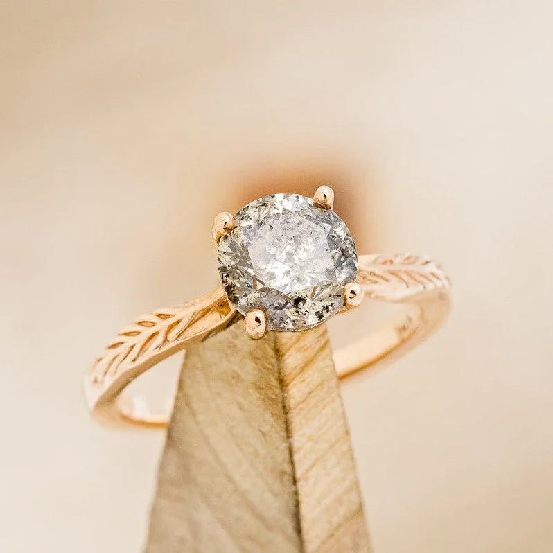 "HOPE" - ROUND CUT SALT & PEPPER DIAMOND SOLITAIRE ENGAGEMENT RING WITH FEATHER ACCENTS