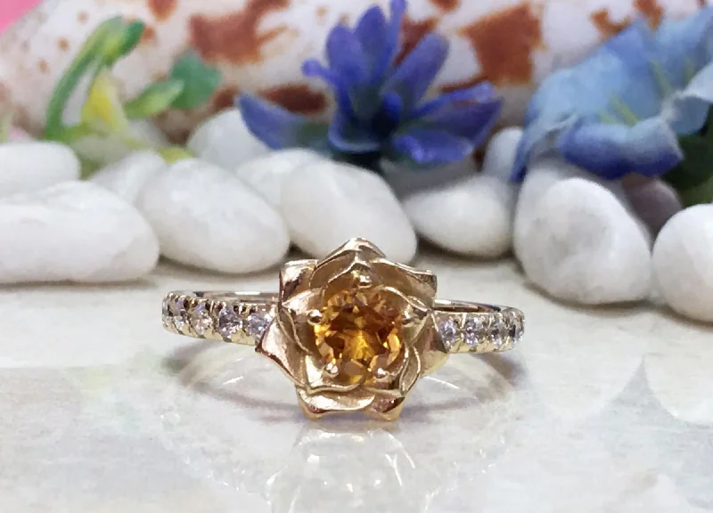 Ruby Gemstone Rings with Diamond AccentsCitrine Ring - November Birthstone - Camellia Ring with Round Citrine Gemstone and Clear Quartz Accents