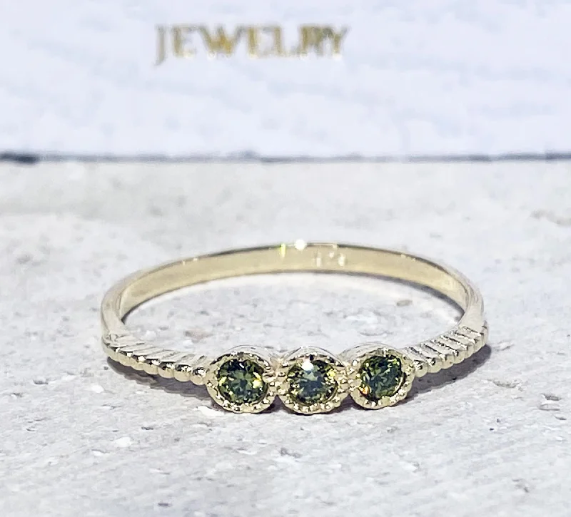 Emerald Gemstone Rings with Filigree - Bordered SettingsPeridot Ring - August Birthstone - Delicate Stacking Ring with Three Round Peridot Gemstones