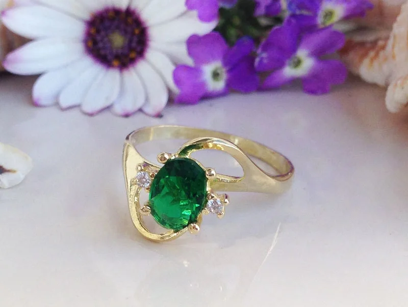 Ruby Gemstone Rings with Diamond AccentsEmerald Ring - May Birthstone Jewelry - Delicate Ring with Oval Emerald Gemstone and Clear Quartz Accents