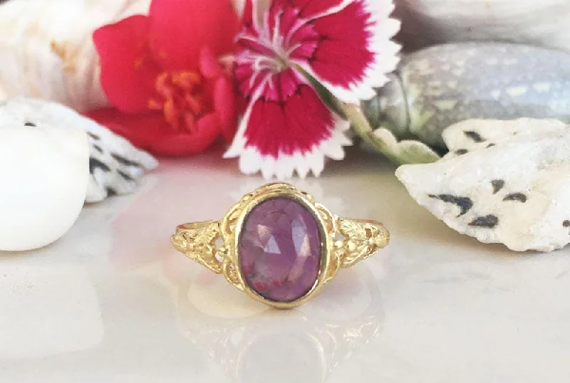 Emerald Gemstone Rings with Filigree - Bordered SettingsPurple Amethyst Ring - February Birthstone - Oval Purple Amethyst Gemstone Lace Ring