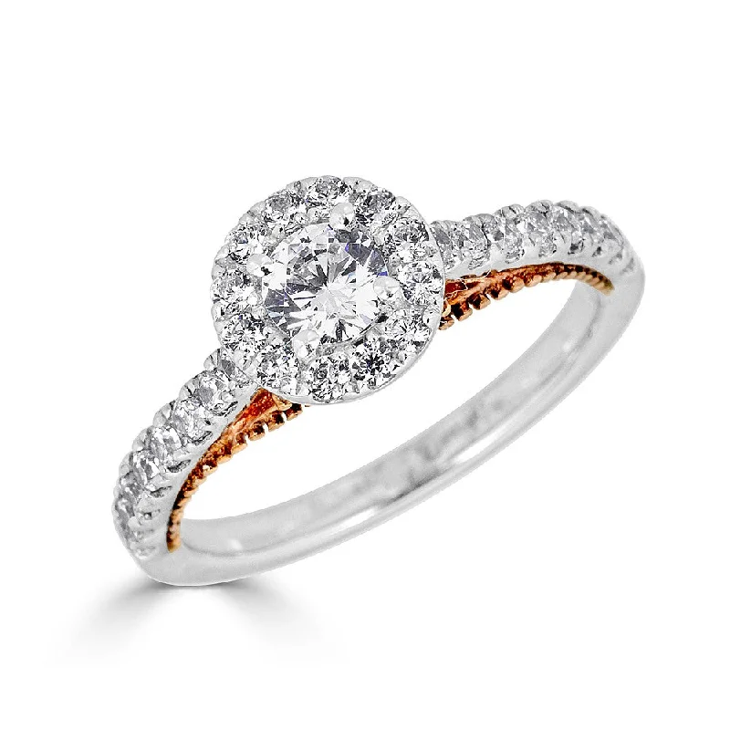 JULEVE 14KT GOLD .75 CTW DIAMOND ROUND HALO CATHEDRAL RING