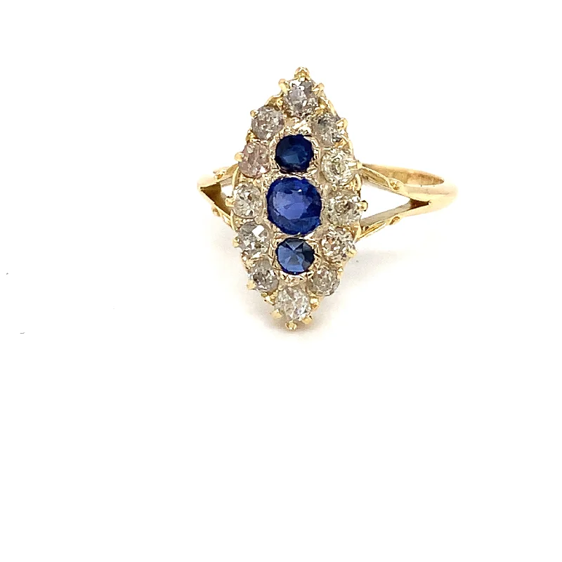 Ruby Gemstone Rings with Diamond AccentsA Victorian Style Blue Sapphire and Diamond Marquise Shaped Cluster Ring.