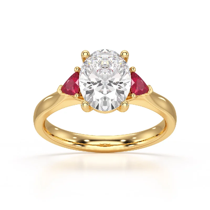 Sapphire Gemstone Rings in a Cathedral SettingOval trilogy with trillion side rubies stones Dress ring