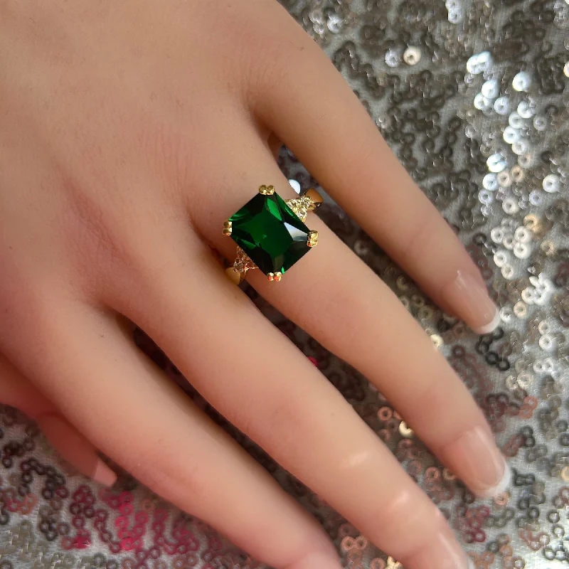 Emerald Gemstone Rings with Filigree - Bordered SettingsEmerald Ring - May Birthstone - Statement Engagement Ring with Octagon Emerald Gemstone and Clear Quartz Accents