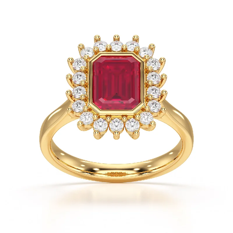 Sapphire Gemstone Rings in a Cathedral SettingOctagon Shaped Ruby with Diamond Cluster Ring