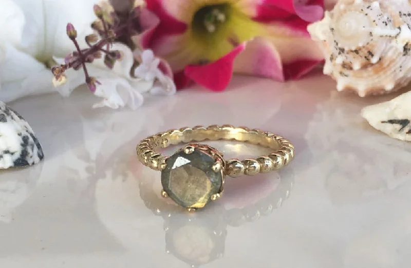 Amethyst Gemstone Rings in a Vintage - Style SettingLabradorite Ring - Beaded Band Ring with Round Labradorite Gemstone