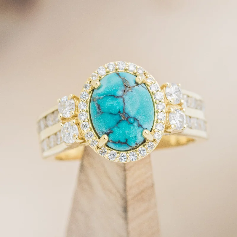 "FANCY" - OVAL TURQUOISE ENGAGEMENT RING WITH DIAMOND HALO & ACCENTS