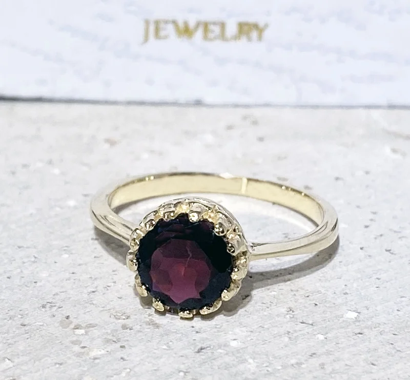 Amethyst Gemstone Rings in a Vintage - Style SettingRed Garnet Ring - January Birthstone - Red Garnet Gemstone Round Crown Ring