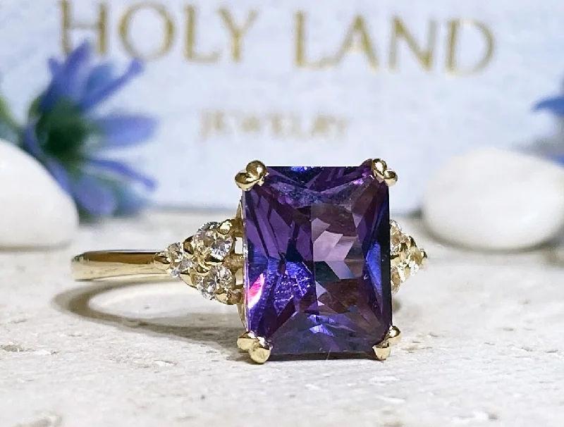 Ruby Gemstone Rings with Diamond AccentsAlexandrite Ring - June Birthstone - Octagon Alexandrite Gemstone Statement Engagement Ring with Clear Quartz Accents