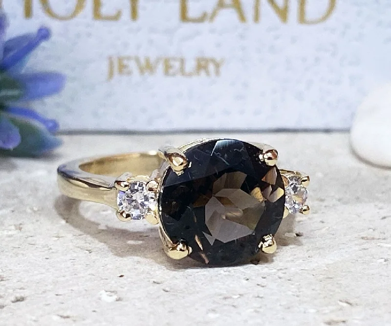 Amethyst Gemstone Rings in a Vintage - Style SettingSmoky Quartz Ring - Statement Engagement Ring with Round Smoky Quartz Gemstone and Clear Quartz Accents