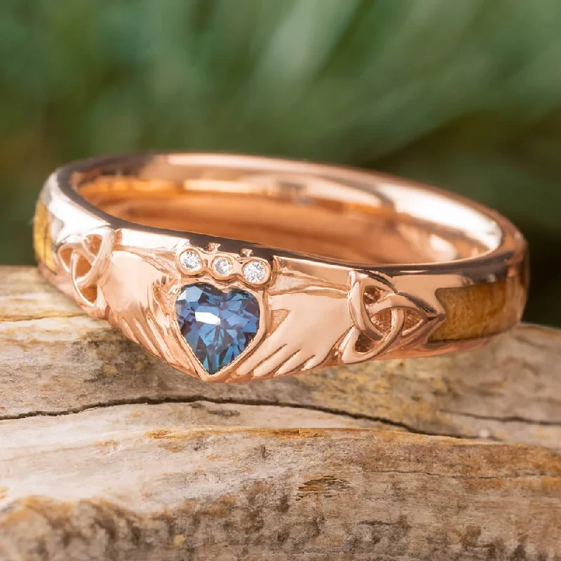 Claddagh Ring with Alexandrite and Koa Wood