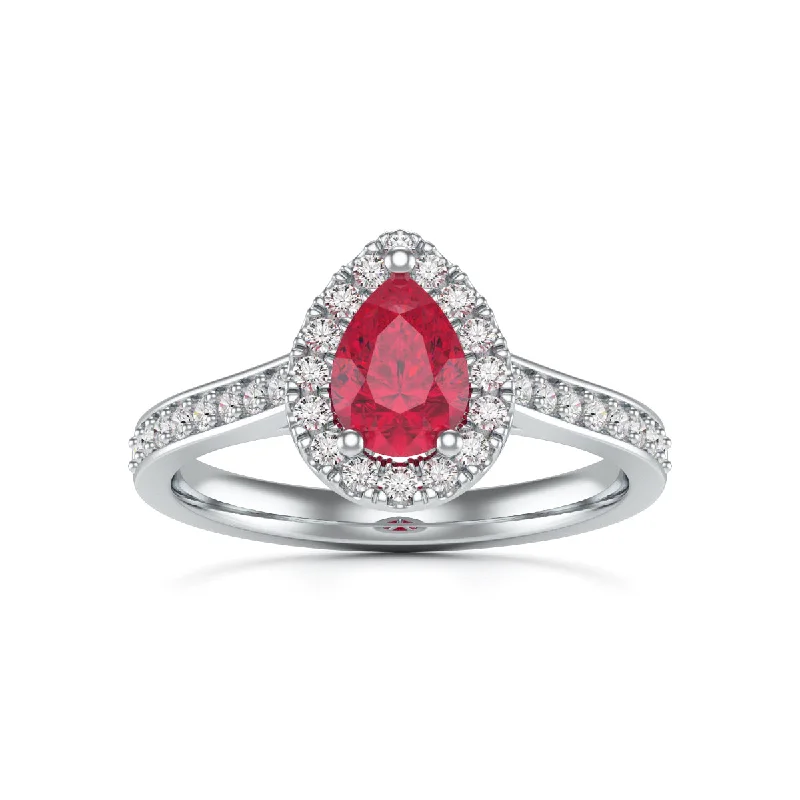 Ruby Gemstone Rings with Diamond AccentsPear Shape Ruby Diamond Halo Ring with Diamond Set Shoulders