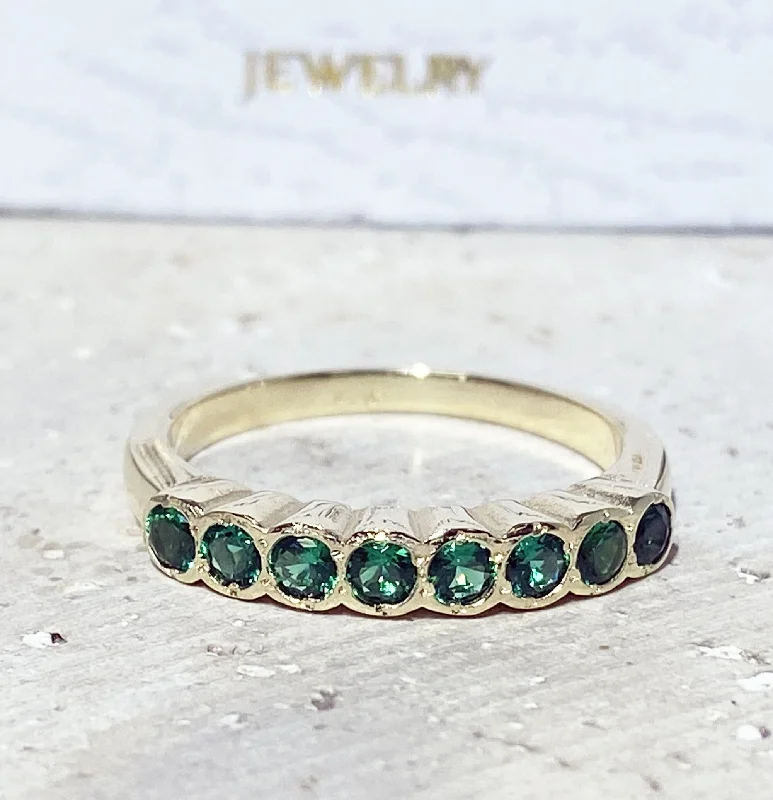 Emerald Gemstone Rings with Filigree - Bordered SettingsEmerald Ring - May Birthstone Jewelry - Stacking Half Eternity Ring with Eight Round Emeralds