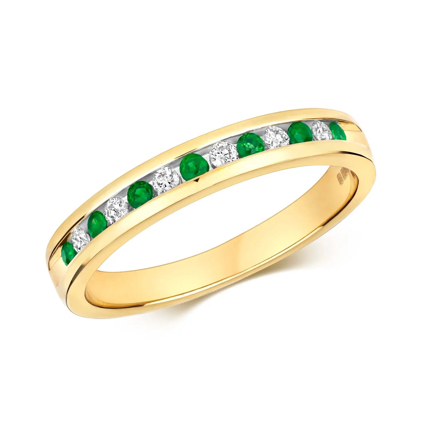 Emerald Gemstone Rings with Filigree - Bordered SettingsEmerald & Diamond Solid Gold Half Eternity Ring