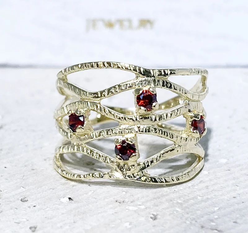 Ruby Gemstone Rings with Diamond AccentsRed Garnet Ring - January Birthstone - Hammered Ring with Four Round Red Garnet Gemstones