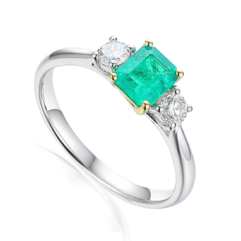 Vintage - Inspired Diamond Rings with Filigree WorkPlatinum And 18ct Yellow Gold 0.51ct Octagon Cut Emerald And 0.27ct Round Brilliant Cut Diamond Three Stone Ring