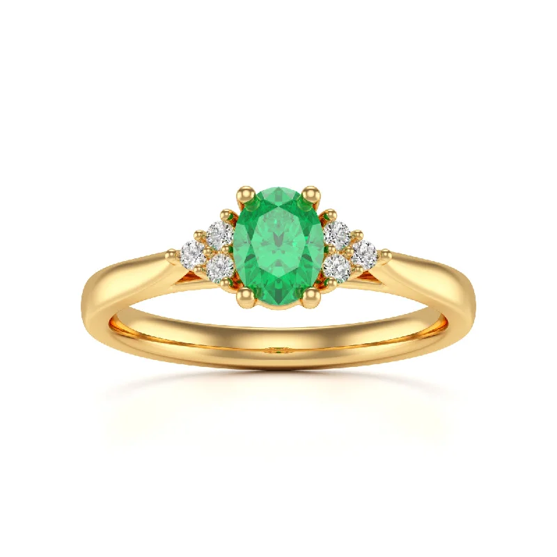 Amethyst Gemstone Rings in a Vintage - Style SettingOval Emerald Centre Stone with Diamond Trefoil Side Stones Ring