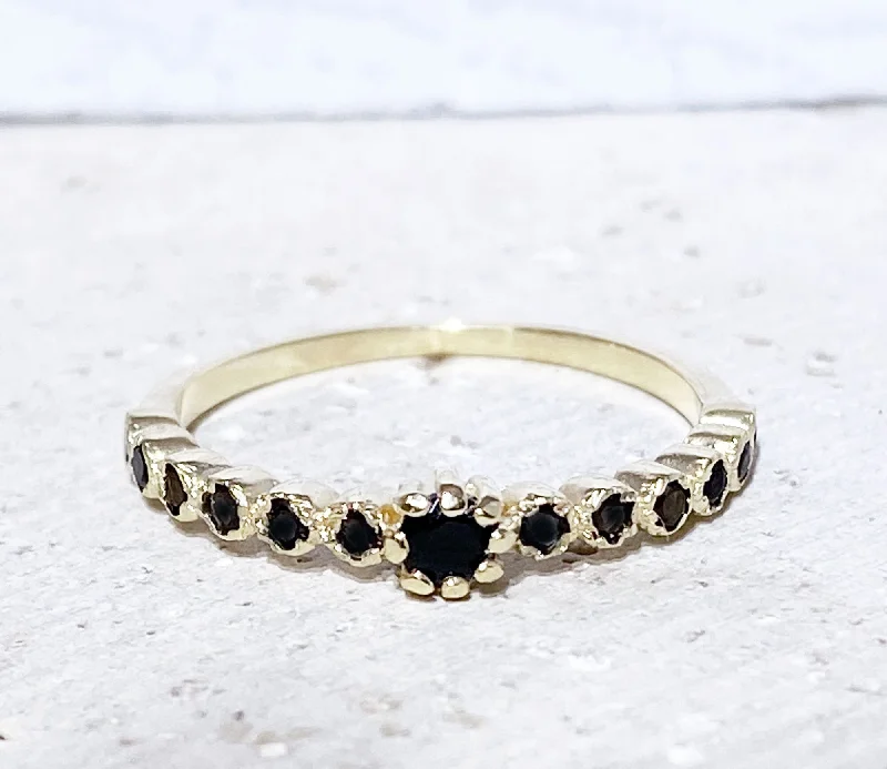 Emerald Gemstone Rings with Filigree - Bordered SettingsBlack Onyx Ring - December Birthstone - Delicate Stacking Ring with Thirteen Round Black Onyx Gemstones