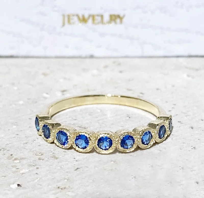 Amethyst Gemstone Rings in a Vintage - Style SettingBlue Topaz Ring - December Birthstone - Delicate Stacking Half Eternity Ring with Nine Round Blue Topaz Gemstones