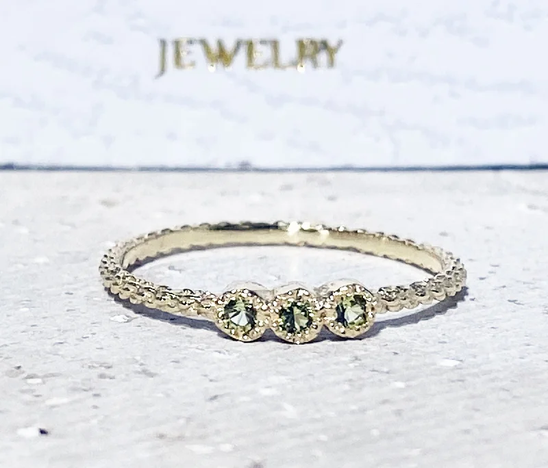 Amethyst Gemstone Rings in a Vintage - Style SettingPeridot Ring - August Birthstone - Delicate Stacking Ring with Three Round Peridot Gemstones