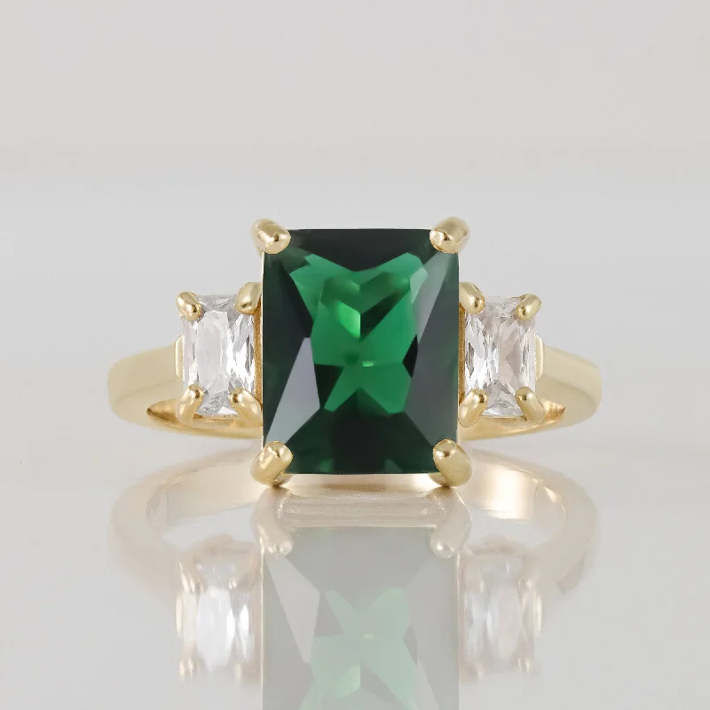 Emerald Gemstone Rings with Filigree - Bordered SettingsEmerald Ring - May Birthstone - Statement Engagement Ring with Octagon Emerald Gemstone and Clear Quartz Accents