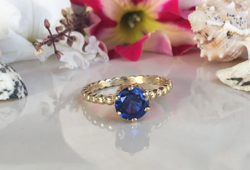 Multi - Gemstone Rings with a Rainbow of ColorsBlue Sapphire Ring - September Birthstone - Beaded Band Ring with Round Blue Sapphire Gemstone