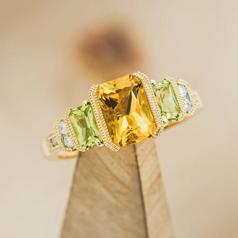 "HAZEL" - EMERALD CUT CITRINE ENGAGEMENT RING WITH PERIDOT & DIAMOND ACCENTS