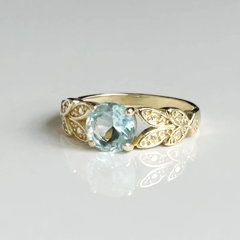 Amethyst Gemstone Rings in a Vintage - Style SettingAquamarine Ring - March Birthstone - Round Aquamarine Gemstone Flower Leaves Ring