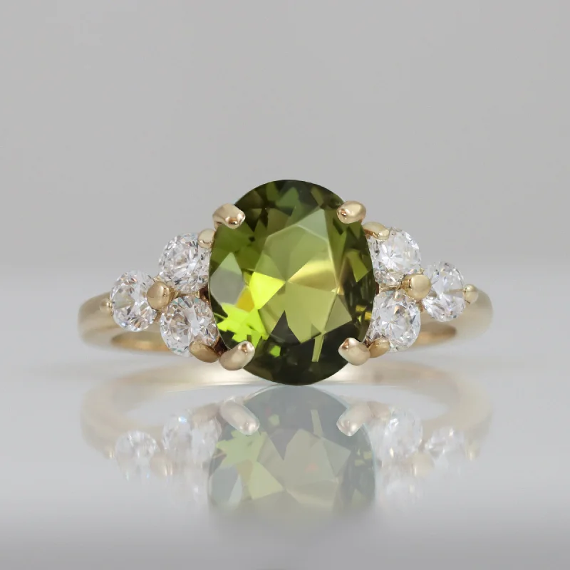 Sapphire Gemstone Rings in a Cathedral SettingPeridot Ring - August Birthstone Jewelry - Statement Engagement Ring with Oval Peridot Gemstone and Clear Quartz Accents