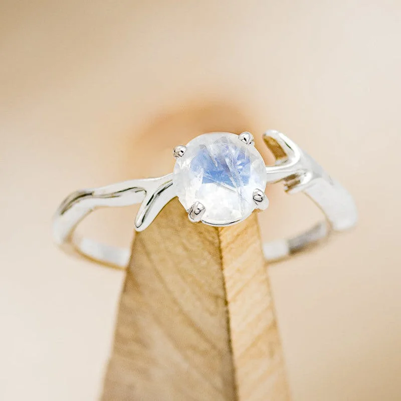 "ARTEMIS" - ROUND MOONSTONE ENGAGEMENT RING WITH ANTLER-STYLE BAND