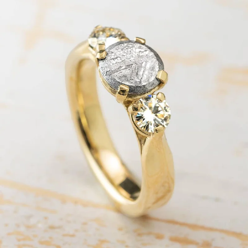 Classic Three Stone Engagement Ring with Meteorite