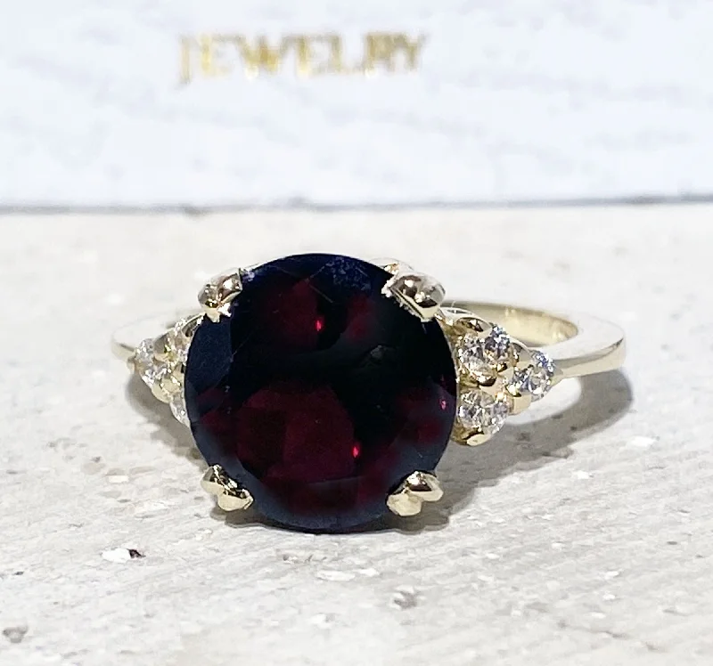 Emerald Gemstone Rings with Filigree - Bordered SettingsRed Garnet Ring - January Birthstone - Round Red Garnet Gemstone Statement Engagement Ring