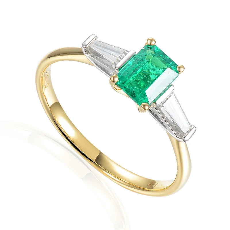 Three - Stone Diamond Rings with Princess - Cut Diamonds18ct Yellow And White Gold 0.60ct Octagon Cut Emerald And 0.33ct Tapered Baguette Cut Diamond Three Stone Ring