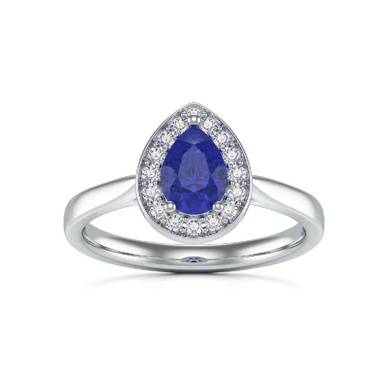 Multi - Gemstone Rings with a Rainbow of ColorsPear Shaped Blue Sapphire Diamond Halo Ring