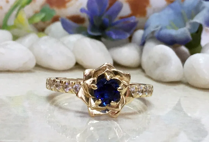 Sapphire Gemstone Rings in a Cathedral SettingBlue Sapphire Ring - September Birthstone - Camellia Ring with Round Blue Sapphire Gemstone and Clear Quartz Accents