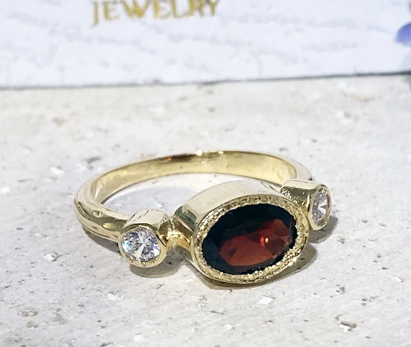 Ruby Gemstone Rings with Diamond AccentsRed Garnet Ring - January Birthstone - Bezel Set Ring with Oval Red Garnet Gemstone and Clear Quartz Accents