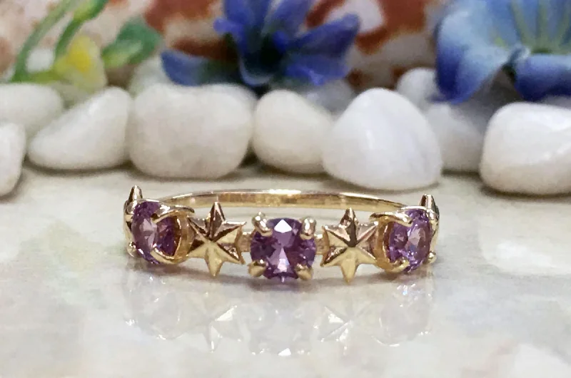 Amethyst Gemstone Rings in a Vintage - Style SettingAlexandrite Ring - June Birthstone - Delicate Ring with Three Alexandrite Gemstones and Star Accents