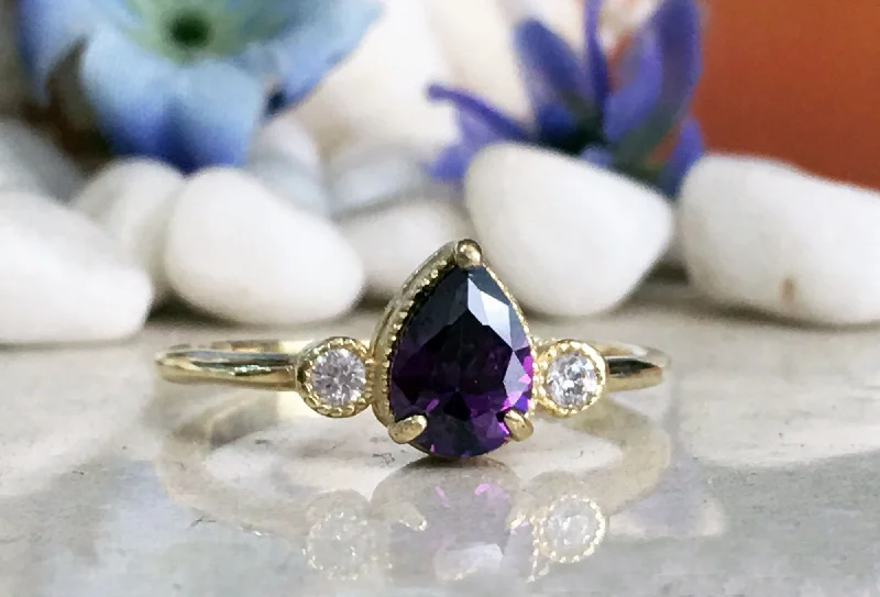 Ruby Gemstone Rings with Diamond AccentsPurple Amethyst Ring - February Birthstone - Delicate Ring with Pear-Shaped Purple Amethyst Gemstone and Clear Quartz Accents