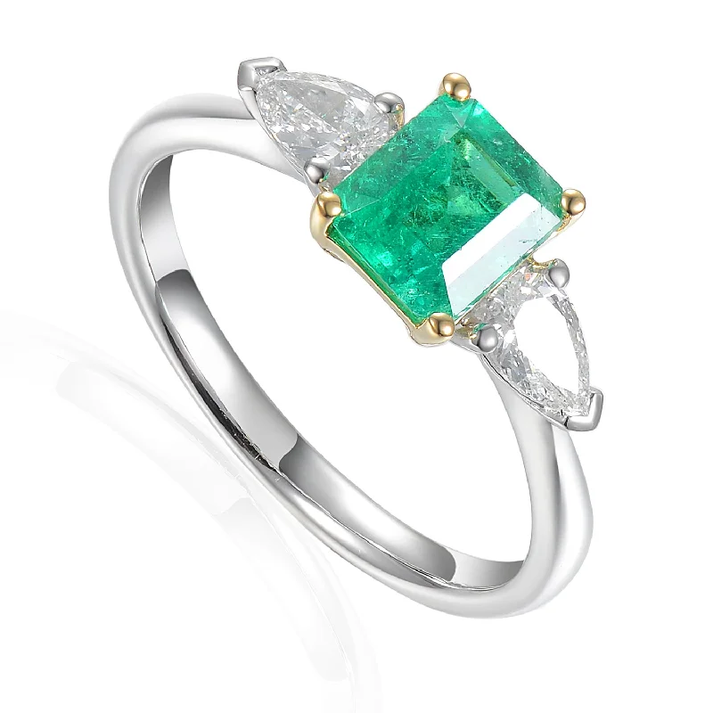 Three - Stone Diamond Rings with Princess - Cut DiamondsPlatinum And 18ct Yellow Gold 0.86ct Octagon Cut Emerald And 0.38ct Pear Cut Diamond Three Stone Ring