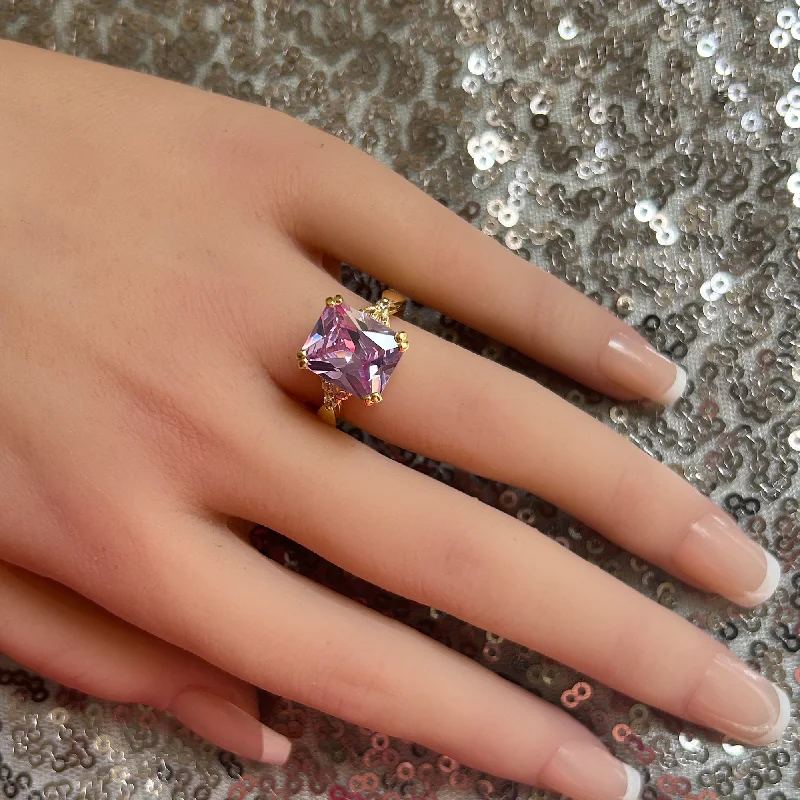 Amethyst Gemstone Rings in a Vintage - Style SettingLavender Amethyst Ring - Statement Engagement Ring with Octagon Lavender Amethyst Gemstone and Clear Quartz Accents