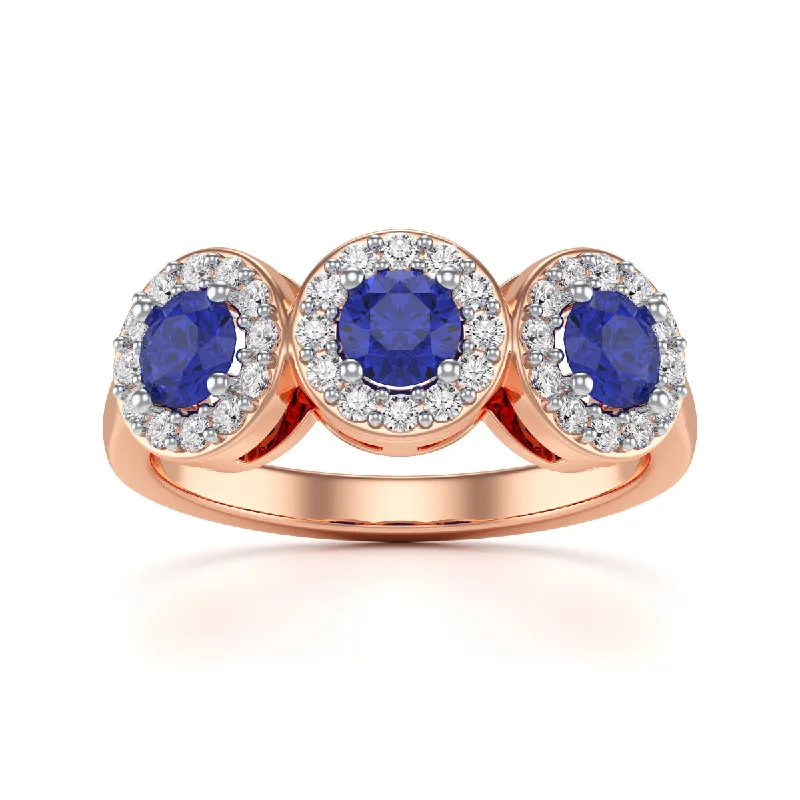 Multi - Gemstone Rings with a Rainbow of ColorsBlue Sapphire Round Three Stone Diamond Halo Ring