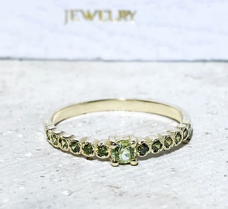 Sapphire Gemstone Rings in a Cathedral SettingPeridot Ring - August Birthstone - Stacking Half Eternity Ring with Thirteen Round Peridot Gemstones